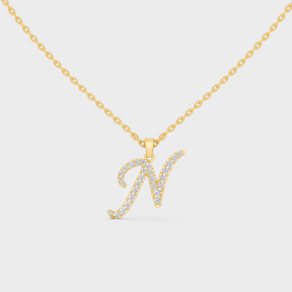 Front View of "N" Alphabet Lab Grown Diamond Pendant with Matching Yellow Gold Chain