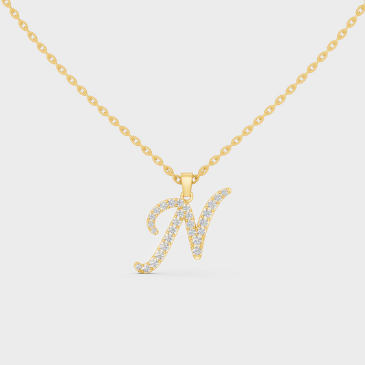 Front View of "N" Alphabet Lab Grown Diamond Pendant with Matching Yellow Gold Chain