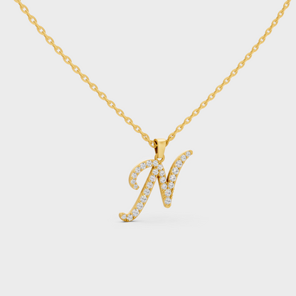 Close Up of Initial Letter N Sustainable Diamond Pendant and 18K Yellow Gold Chain