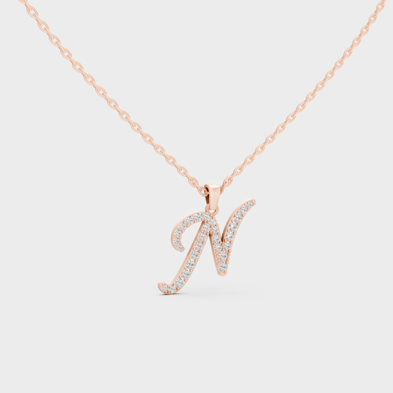 Blush Pink 14K Rose Gold Letter N Initial Necklace Set with Brilliant Round Lab Diamonds