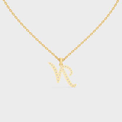 Model Wearing Capital Letter N Lab Created Diamond Necklace in 9K Yellow Gold