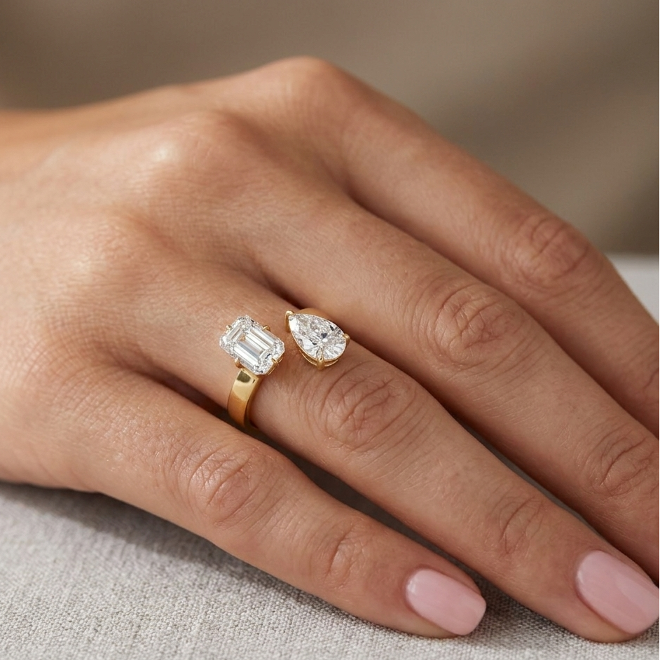  Toi Et Moi Diamond Ring In 9K Yellow Gold With Emerald And Pear Diamonds