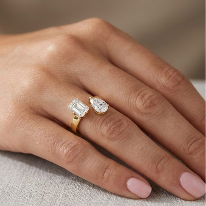  Toi Et Moi Diamond Ring In 9K Yellow Gold With Emerald And Pear Diamonds