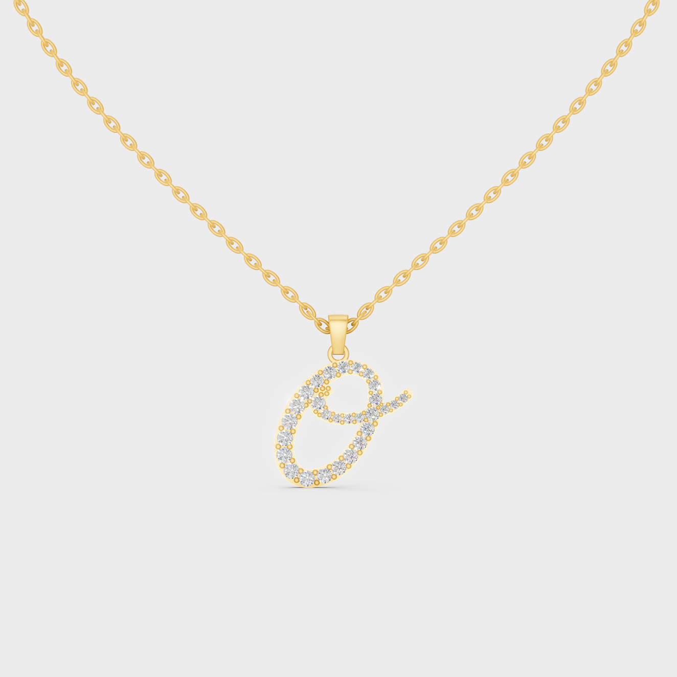 Front View of "O" Alphabet Lab Grown Diamond Pendant with Matching Yellow Gold Chain