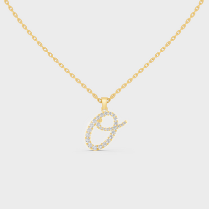 Front View of "O" Alphabet Lab Grown Diamond Pendant with Matching Yellow Gold Chain