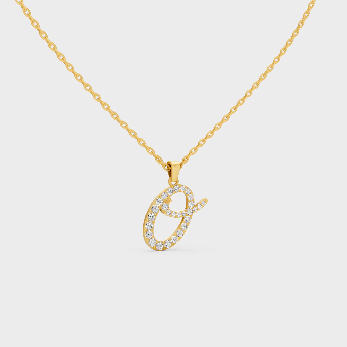 Close Up of Initial Letter O Sustainable Diamond Pendant and 18K Yellow Gold Chain