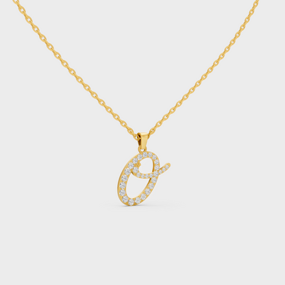 Close Up of Initial Letter O Sustainable Diamond Pendant and 18K Yellow Gold Chain