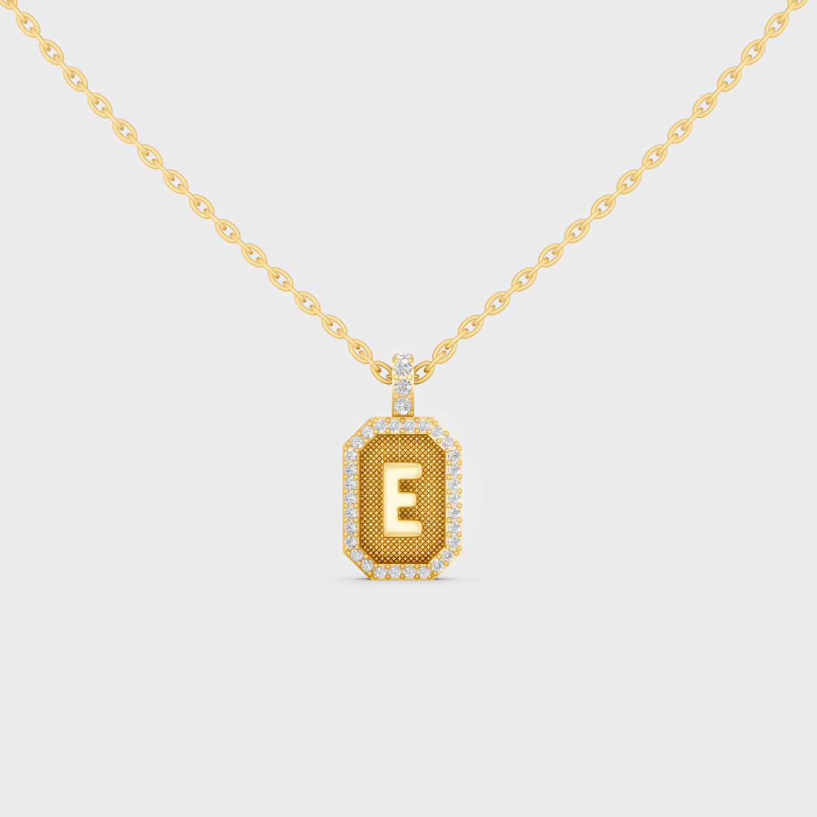 Front View of "E" Alphabet Lab Grown Diamond Pendant Cast in 18K Yellow Gold