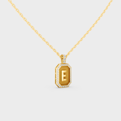 Top Angle View of Sustainable Letter E Diamond Initial Charm Set in 14K Yellow Gold