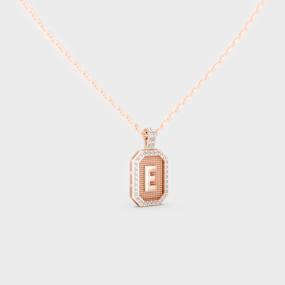 Vintage Inspired Letter E Lab Created Diamond Initial Charm Sculpted in 18K Rose Gold
