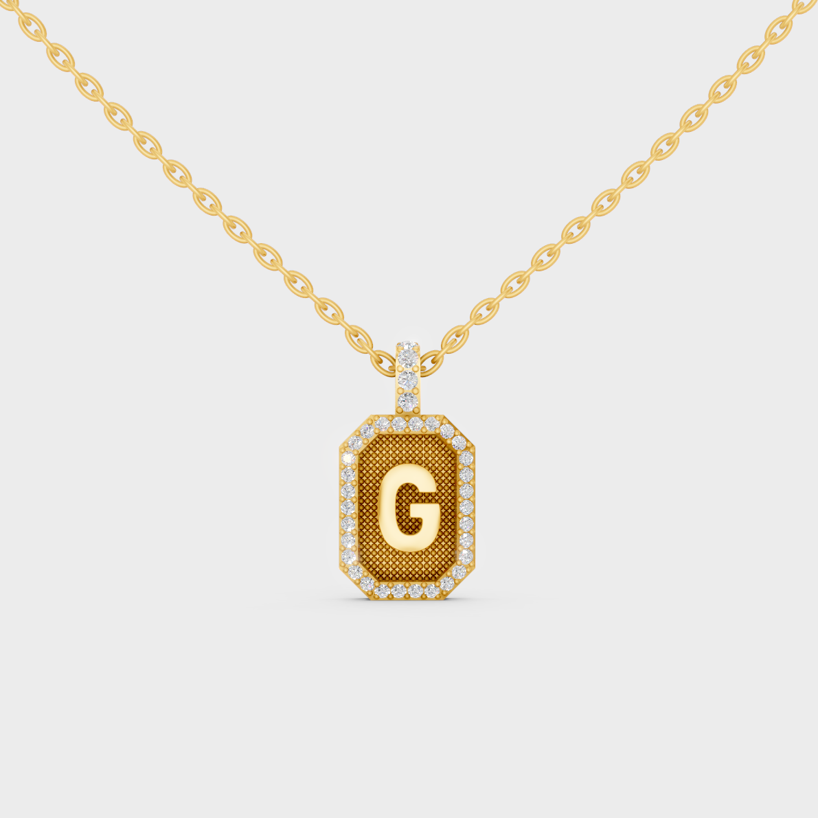 Front View of "G" Alphabet Lab Grown Diamond Pendant Cast in 18K Yellow Gold