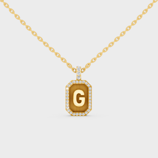 Front View of "G" Alphabet Lab Grown Diamond Pendant Cast in 18K Yellow Gold