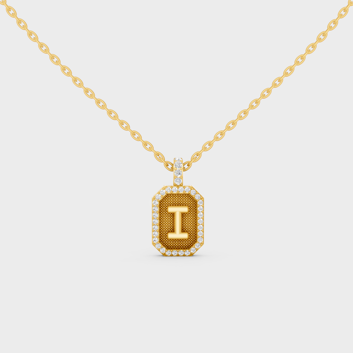 Front View of "I" Alphabet Lab Grown Diamond Pendant Cast in 18K Yellow Gold