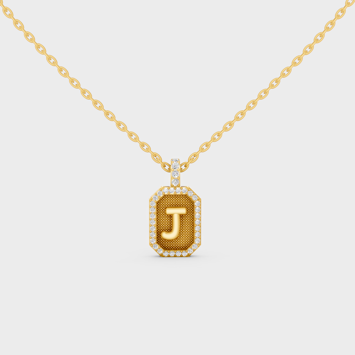 Front View of "J" Alphabet Lab Grown Diamond Pendant Cast in 18K Yellow Gold
