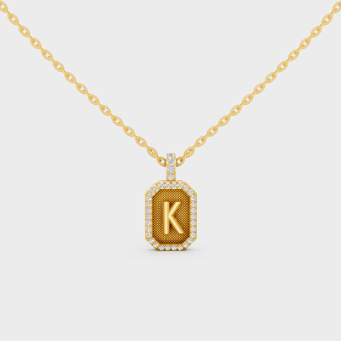 Front View of "K" Alphabet Lab Grown Diamond Pendant Cast in 18K Yellow Gold