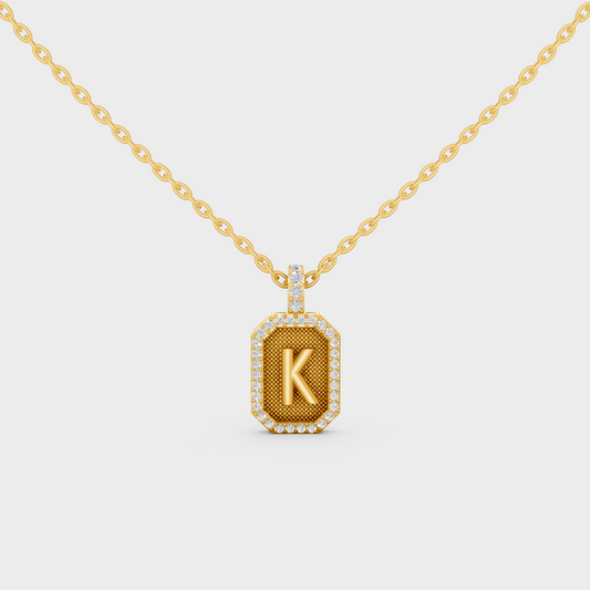 Front View of "K" Alphabet Lab Grown Diamond Pendant Cast in 18K Yellow Gold