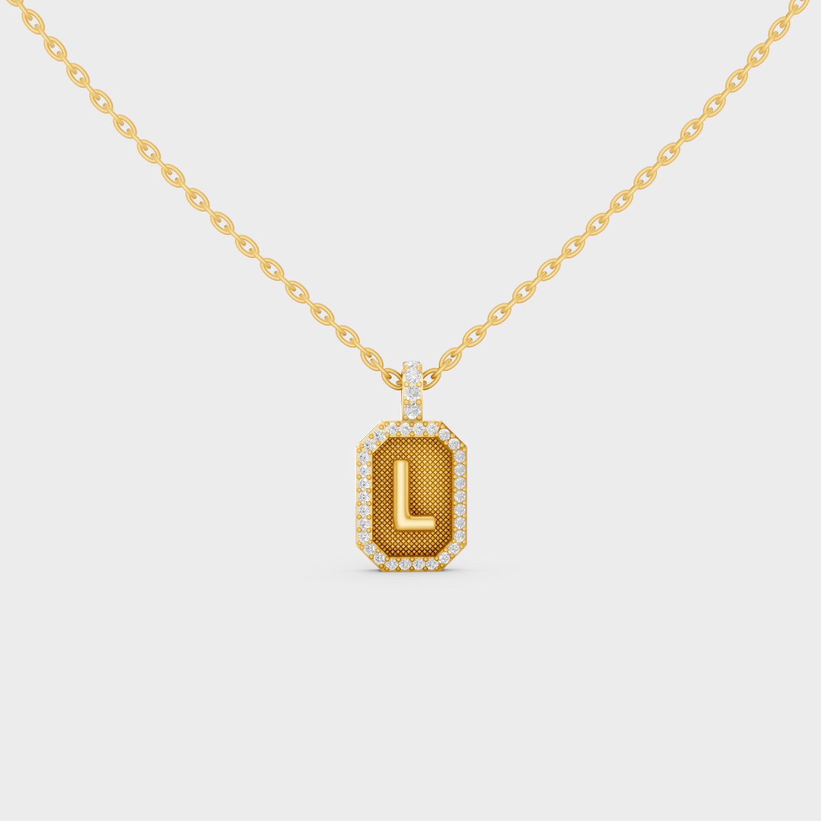 Front View of "L" Alphabet Lab Grown Diamond Pendant Cast in 18K Yellow Gold
