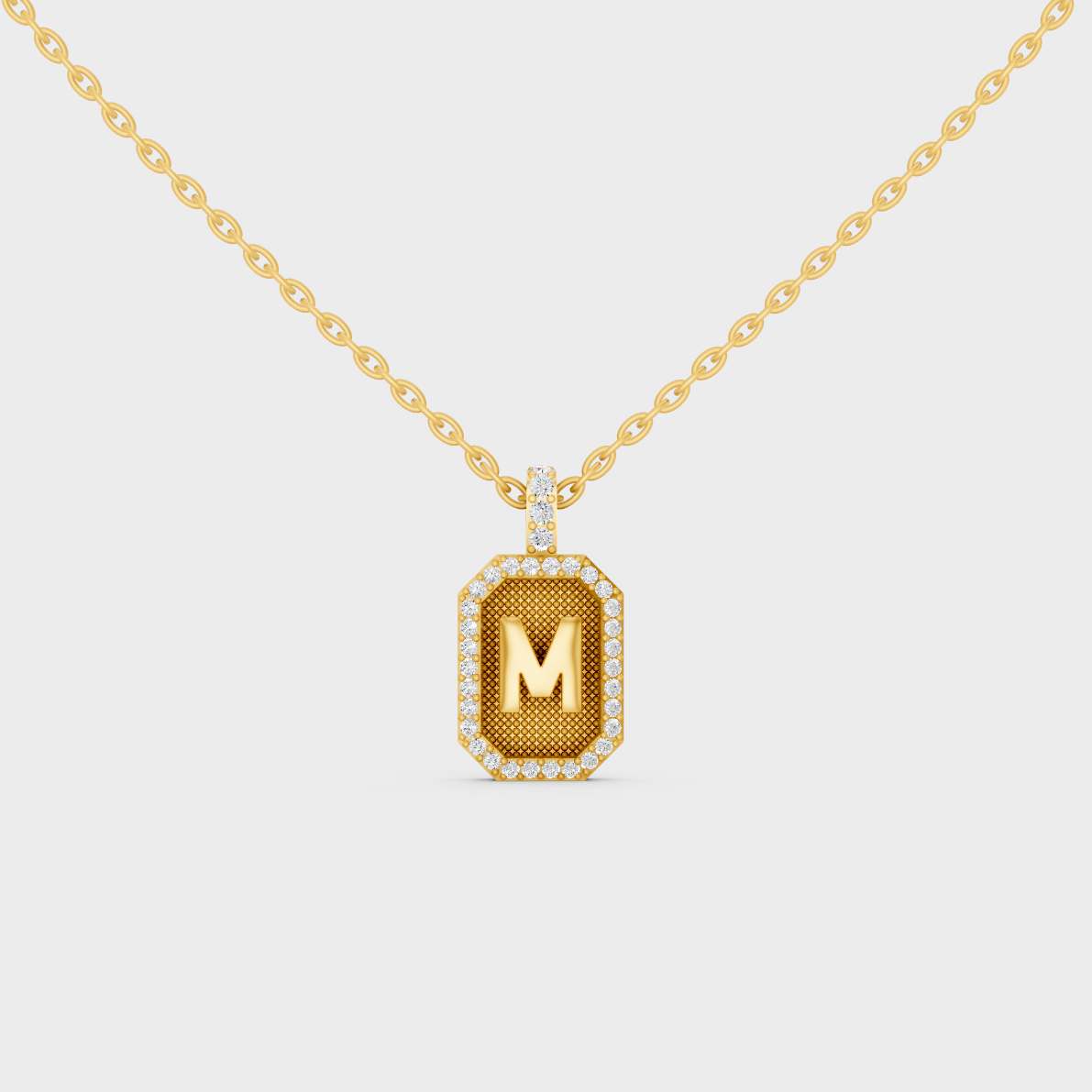 Front View of "M" Alphabet Lab Grown Diamond Pendant Cast in 18K Yellow Gold