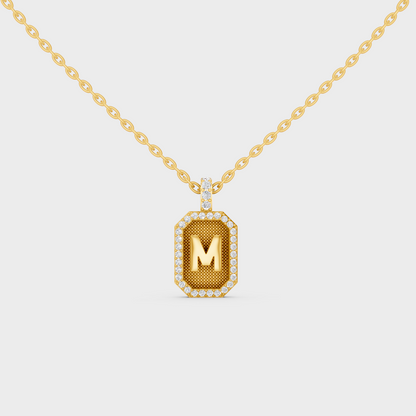 Front View of "M" Alphabet Lab Grown Diamond Pendant Cast in 18K Yellow Gold