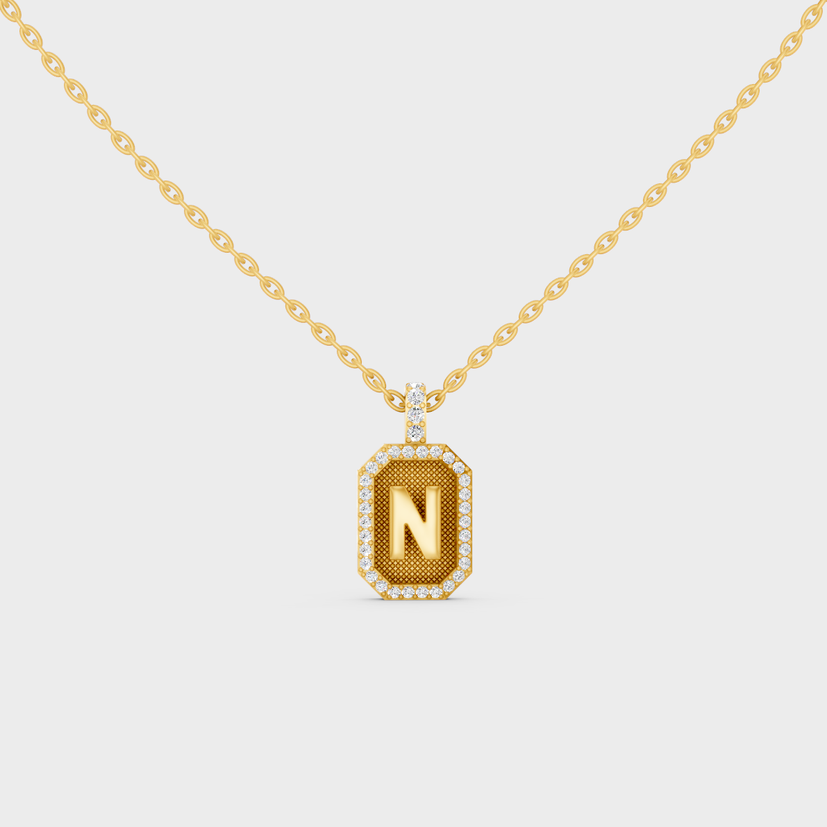Front View of "N" Alphabet Lab Grown Diamond Pendant Cast in 18K Yellow Gold