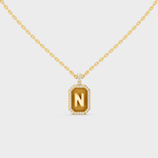 Front View of "N" Alphabet Lab Grown Diamond Pendant Cast in 18K Yellow Gold