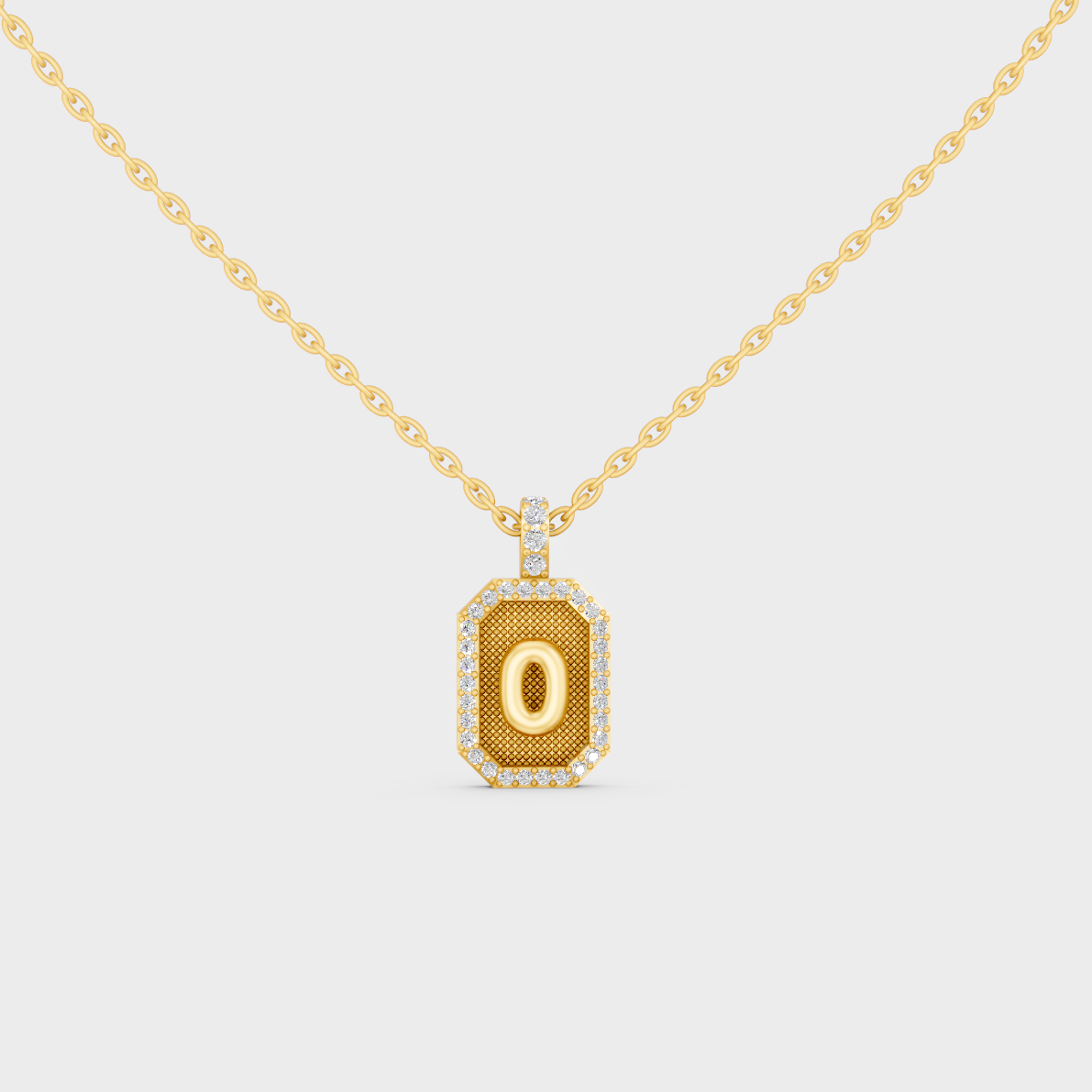 Front View of "O" Alphabet Lab Grown Diamond Pendant Cast in 18K Yellow Gold