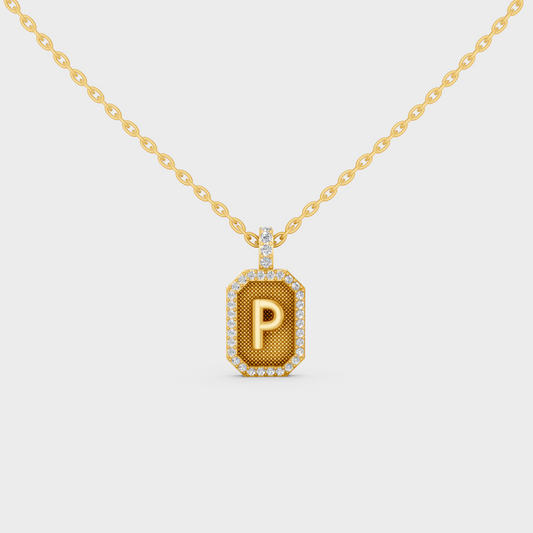 Front View of "P" Alphabet Lab Grown Diamond Pendant Cast in 18K Yellow Gold