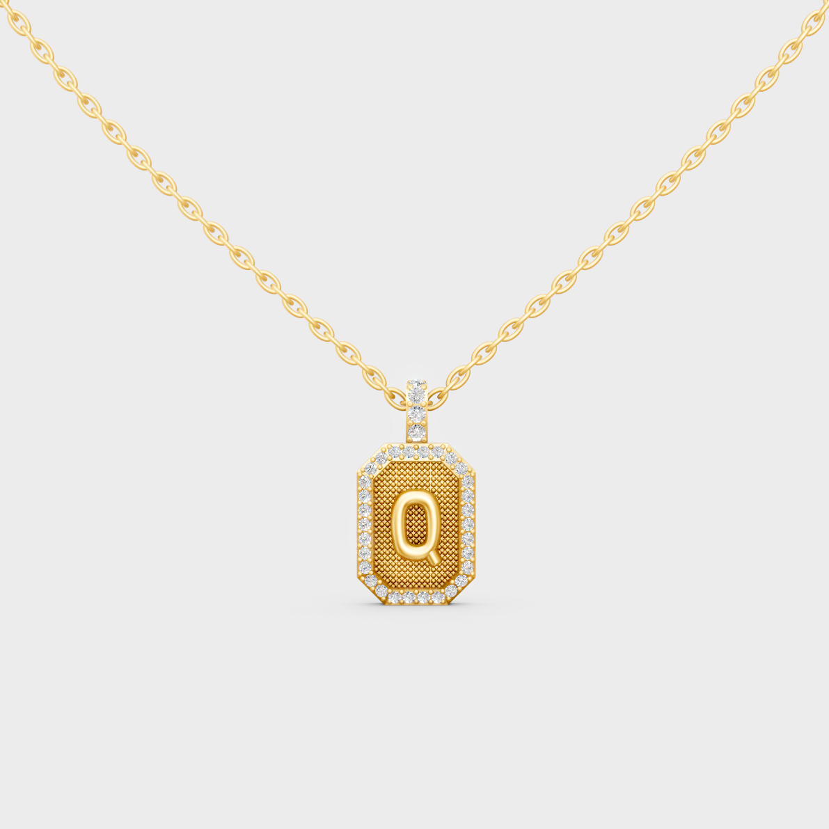 Front View of "Q" Alphabet Lab Grown Diamond Pendant Cast in 18K Yellow Gold