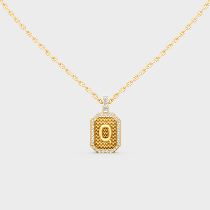 Front View of "Q" Alphabet Lab Grown Diamond Pendant Cast in 18K Yellow Gold
