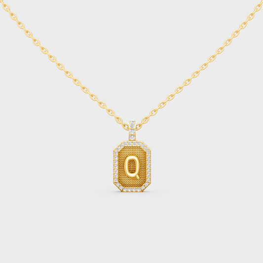 Front View of "Q" Alphabet Lab Grown Diamond Pendant Cast in 18K Yellow Gold