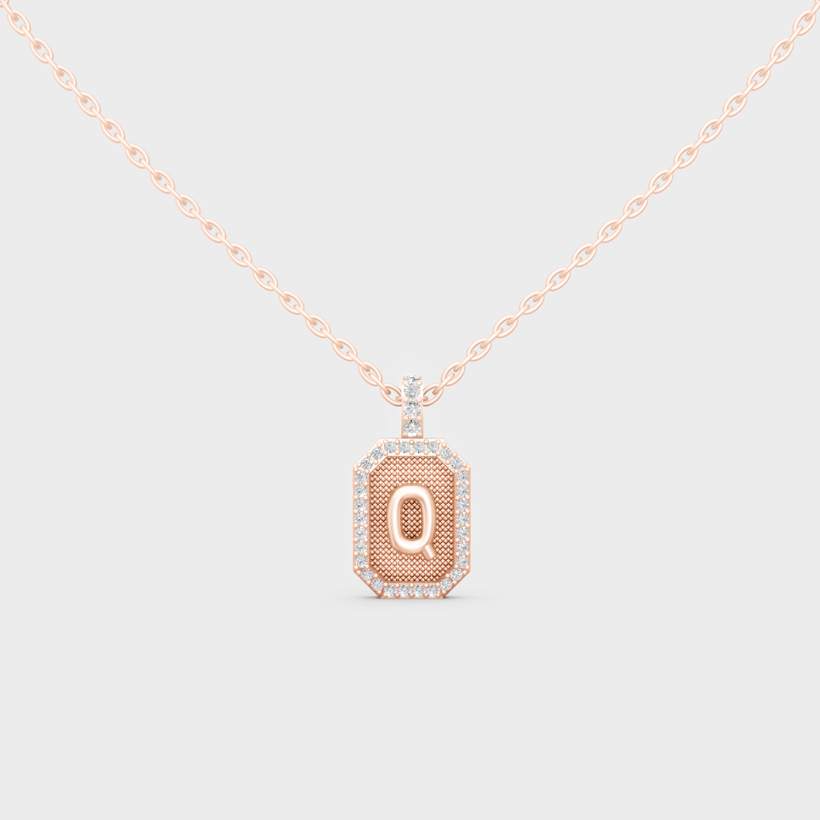 Chic Blush Pink "Q" Alphabet Lab Grown Diamond Pendant in Solid 14K Rose Gold