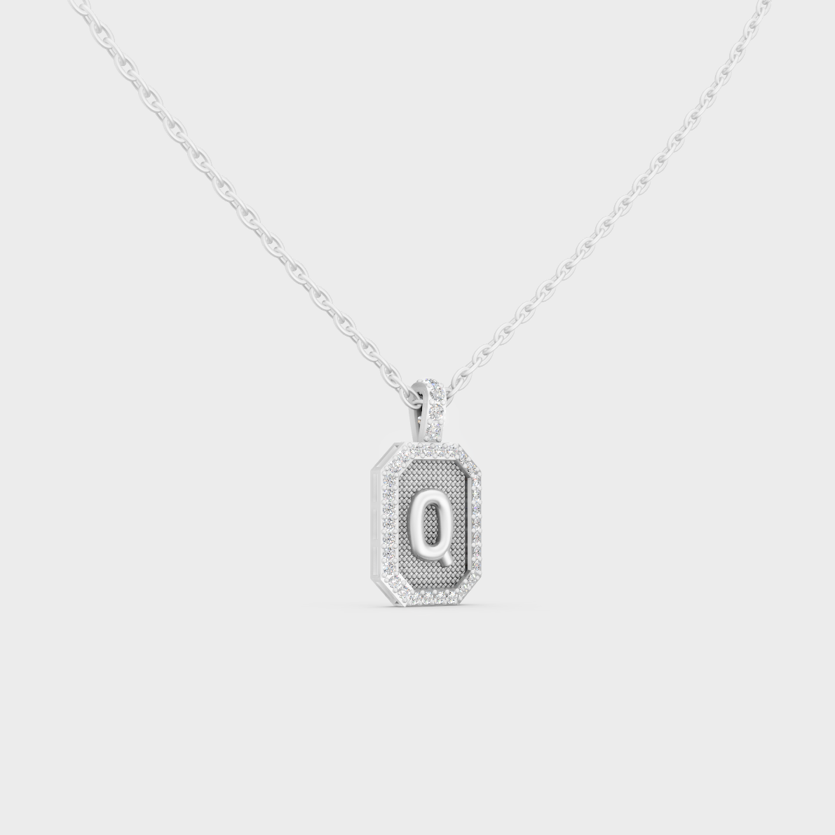 Icy Micro Pave Letter Q Initial Diamond Charm Cast in Premium 14K White Gold