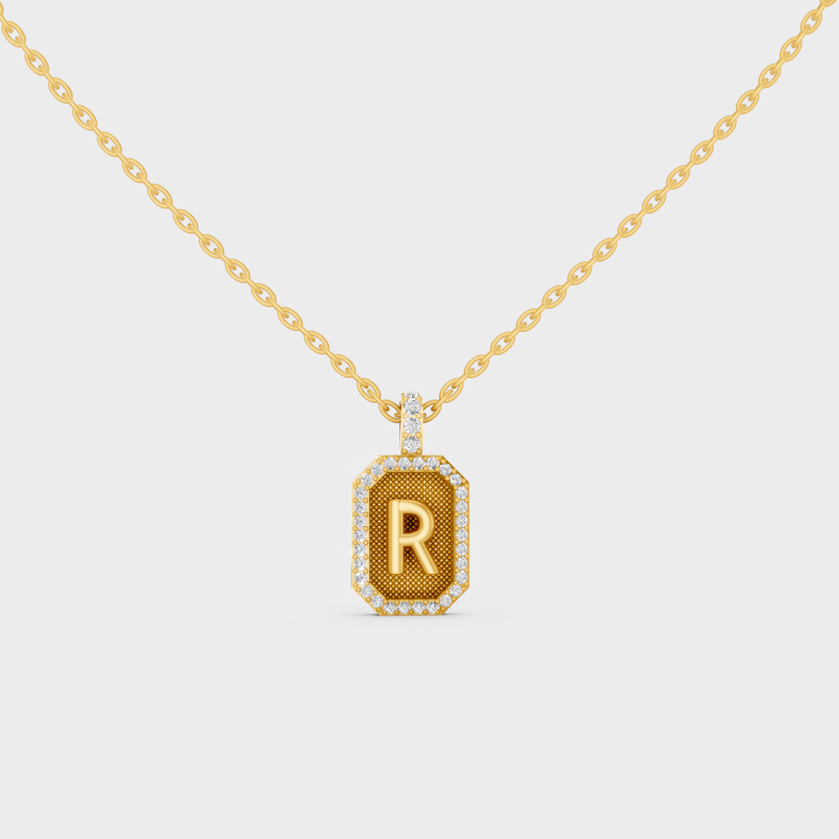 Front View of "R" Alphabet Lab Grown Diamond Pendant Cast in 18K Yellow Gold