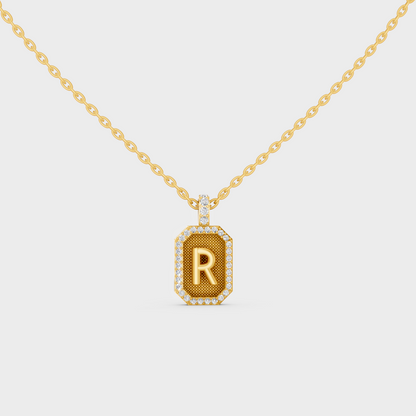 Front View of "R" Alphabet Lab Grown Diamond Pendant Cast in 18K Yellow Gold