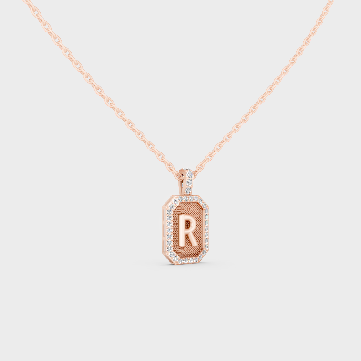Vintage Inspired Letter R Lab Created Diamond Initial Charm Sculpted in 18K Rose Gold