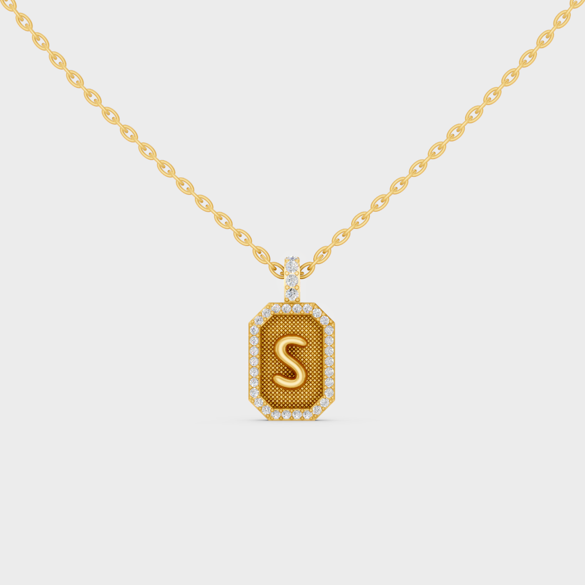 Front View of "S" Alphabet Lab Grown Diamond Pendant Cast in 18K Yellow Gold
