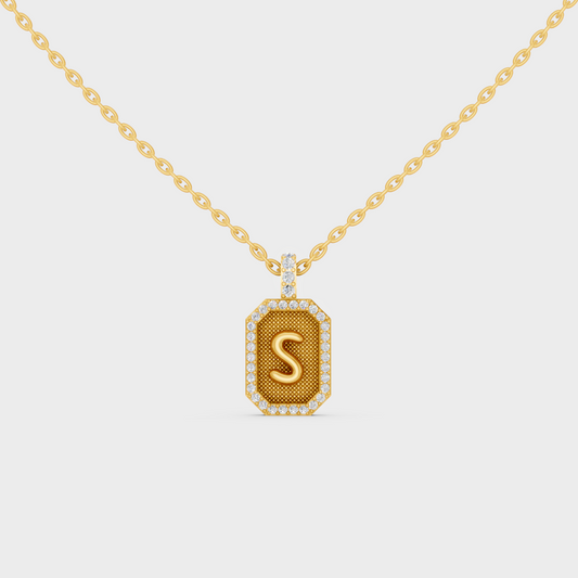 Front View of "S" Alphabet Lab Grown Diamond Pendant Cast in 18K Yellow Gold