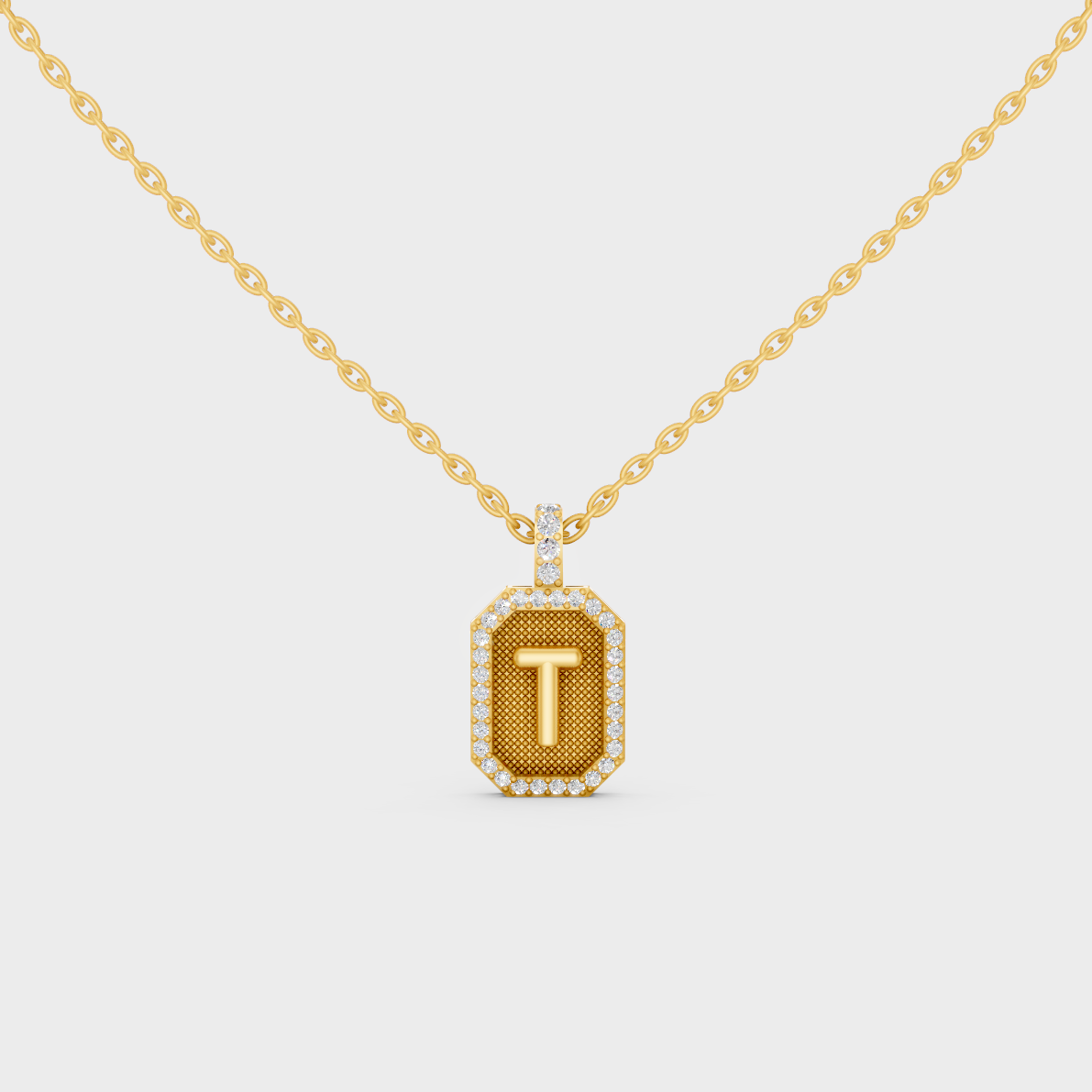 Front View of "T" Alphabet Lab Grown Diamond Pendant Cast in 18K Yellow Gold