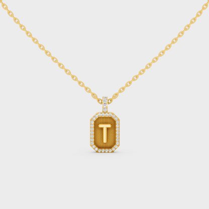 Front View of "T" Alphabet Lab Grown Diamond Pendant Cast in 18K Yellow Gold