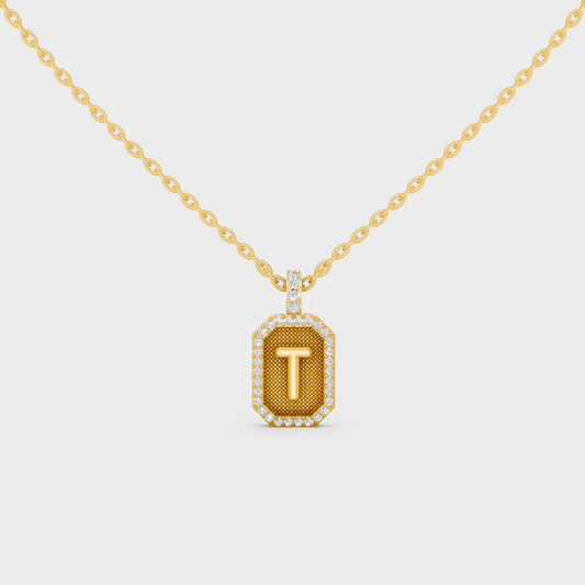Front View of "T" Alphabet Lab Grown Diamond Pendant Cast in 18K Yellow Gold