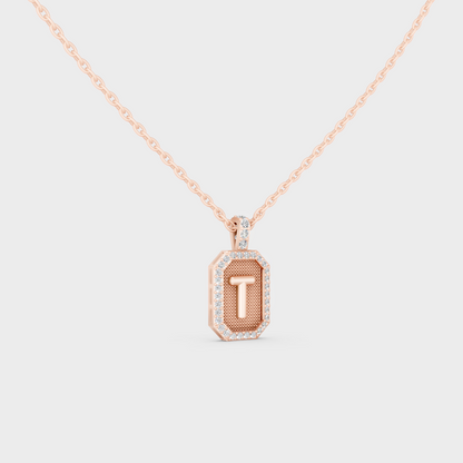 Vintage Inspired Letter T Lab Created Diamond Initial Charm Sculpted in 18K Rose Gold