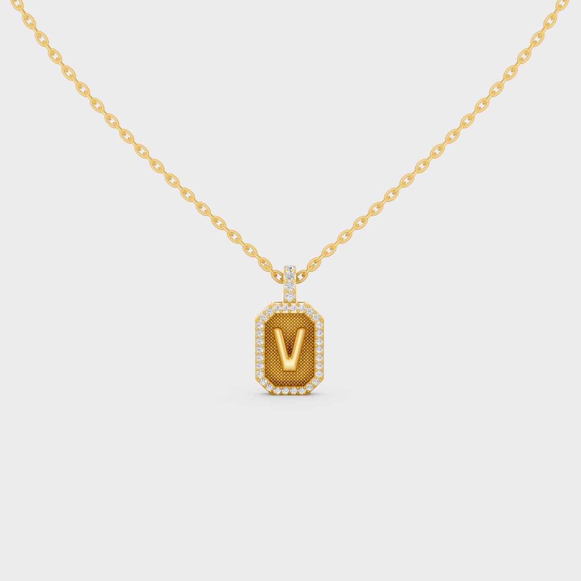 Front View of "V" Alphabet Lab Grown Diamond Pendant Cast in 18K Yellow Gold
