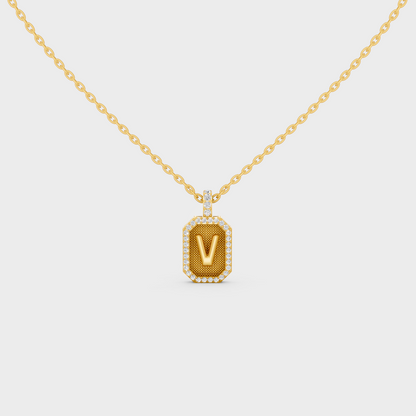 Front View of "V" Alphabet Lab Grown Diamond Pendant Cast in 18K Yellow Gold
