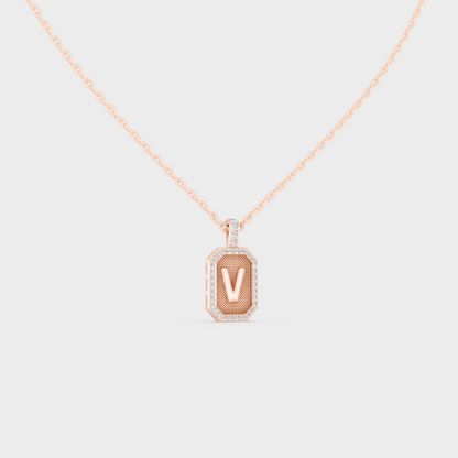 Vintage Inspired Letter V Lab Created Diamond Initial Charm Sculpted in 18K Rose Gold