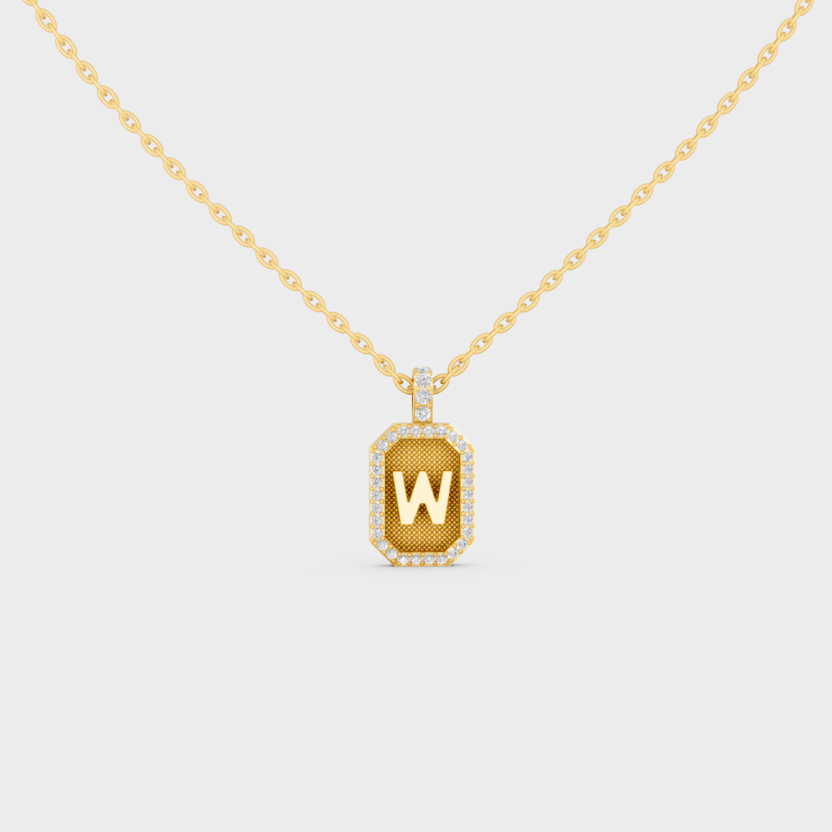 Front View of "W" Alphabet Lab Grown Diamond Pendant Cast in 18K Yellow Gold