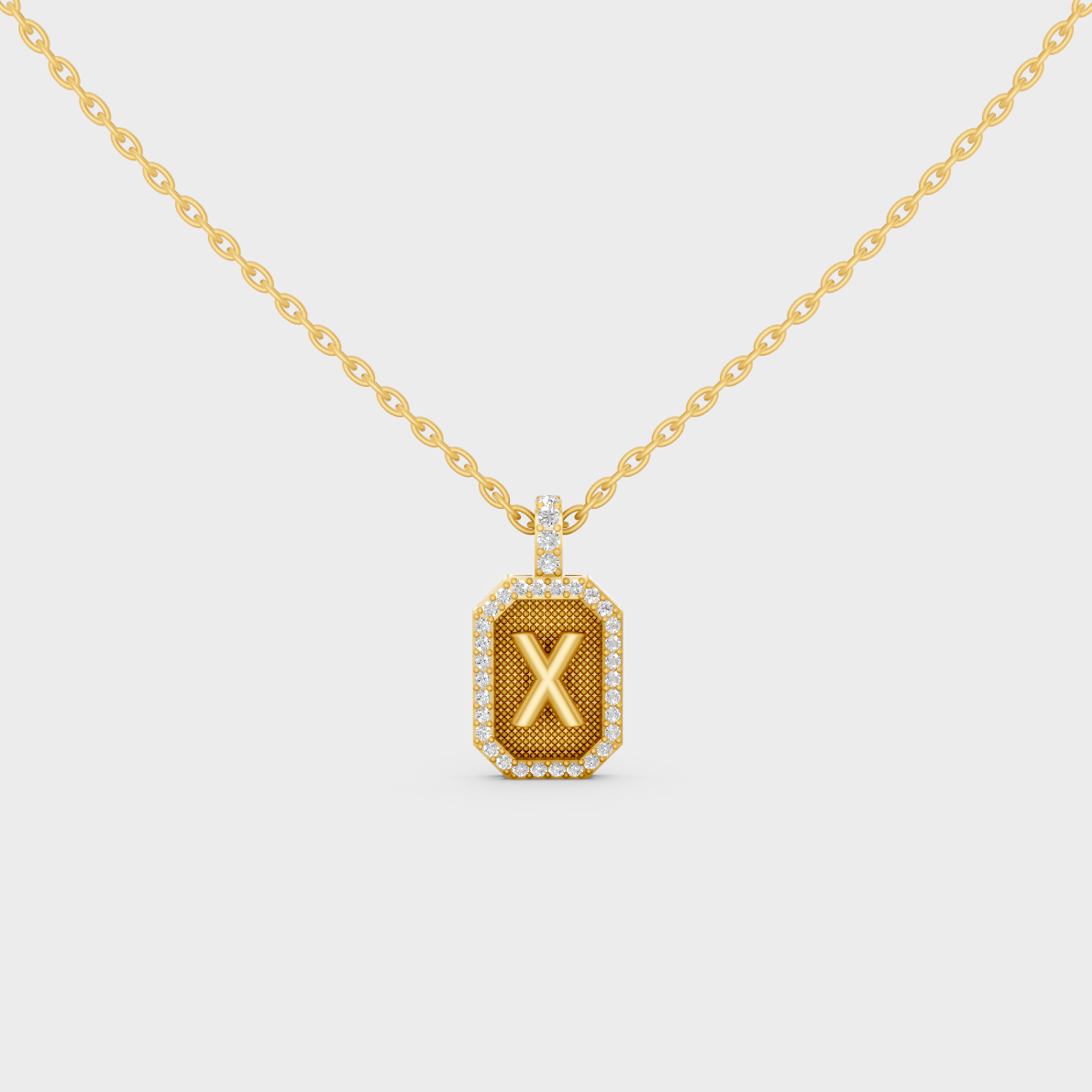 Front View of "X" Alphabet Lab Grown Diamond Pendant Cast in 18K Yellow Gold
