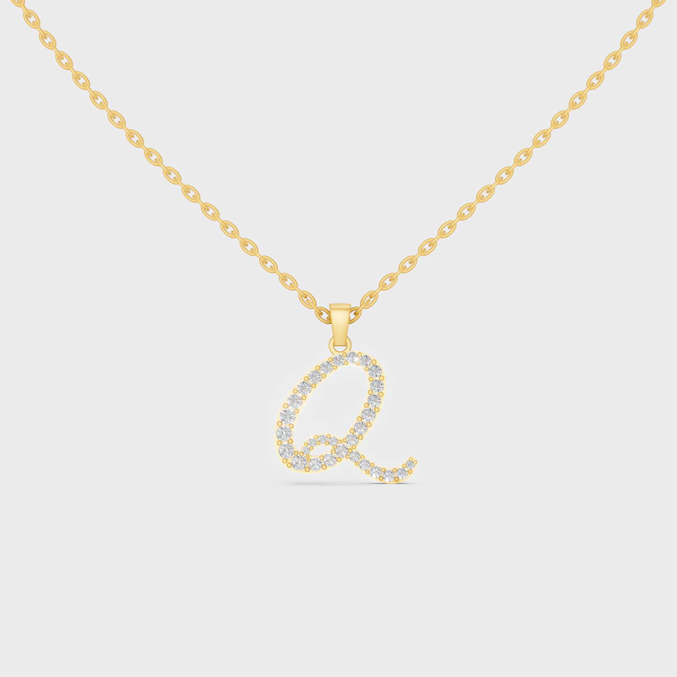 Front View of "Q" Alphabet Lab Grown Diamond Pendant with Matching Yellow Gold Chain
