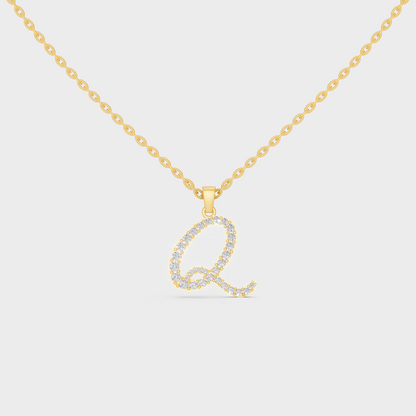 Front View of "Q" Alphabet Lab Grown Diamond Pendant with Matching Yellow Gold Chain