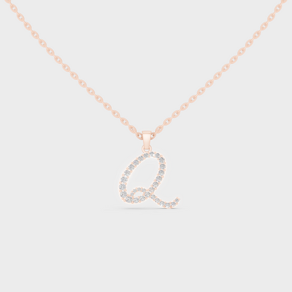 Romantic Rose Gold "Q" Alphabet Lab Grown Diamond Pendant and Dainty Cable Chain