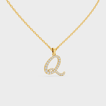 Close Up of Initial Letter Q Sustainable Diamond Pendant and 18K Yellow Gold Chain